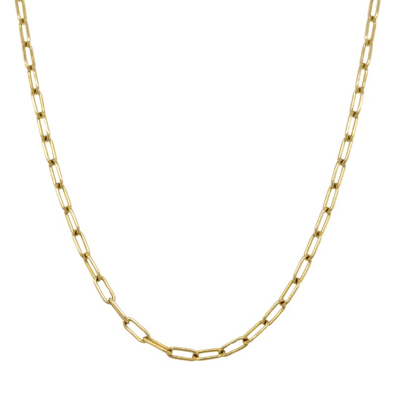 A yellow gold rounded paperclip chain shown on a white background.