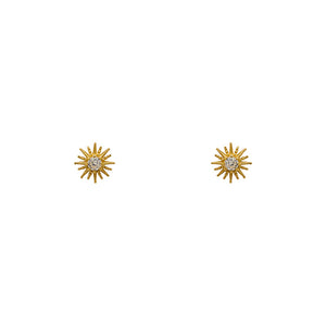 
                  
                    Load image into Gallery viewer, Tiny starburst studs made of 14 kt yellow gold vermeil with round crystal centers on a white background.
                  
                