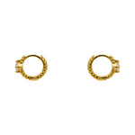 A pair of twist pattern style huggie earrings with princess cut crystals made of 14 kt yellow gold vermeil. Displayed side facing on a white background.