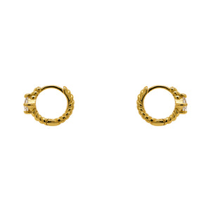 
                  
                    Load image into Gallery viewer, A pair of twist pattern style huggie earrings with princess cut crystals made of 14 kt yellow gold vermeil. Displayed side facing on a white background.
                  
                