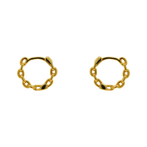 
                  
                    Load image into Gallery viewer, A pair of hinged huggie hoops with chain pattern cast in sterling silver with a 14kt yellow gold plating. Displayed side facing on a marble background.
                  
                