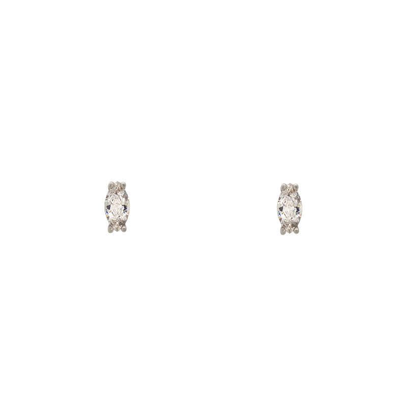 A pair of marquise cut crystal studs set in a 925 sterling silver, four prong setting on a white background