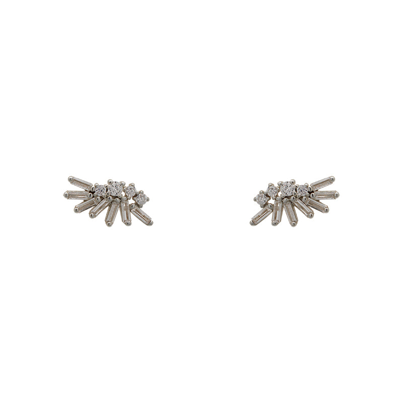 A pair of 925 sterling silver cluster studs with 4 round and 7 baguette crystals on each stud, and on a white background.