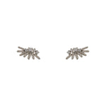 A pair of 925 sterling silver cluster studs with 4 round and 7 baguette crystals on each stud, and on a white background.
