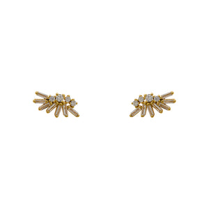 
                  
                    Load image into Gallery viewer, A pair of 14 kt yellow gold vermeil cluster studs with 4 round and 7 baguette crystals on each stud, and on a white backgtround.
                  
                