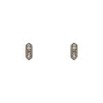 A pair of 925 sterling silver, hexagonal shaped studs with round and baguette cut AAA crystals on a white background.