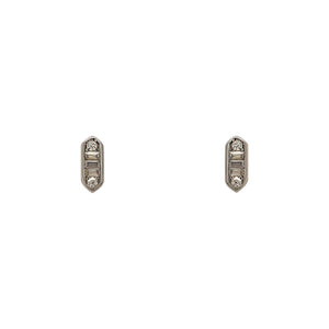 
                  
                    Load image into Gallery viewer, A pair of 925 sterling silver, hexagonal shaped studs with round and baguette cut AAA crystals on a white background.
                  
                