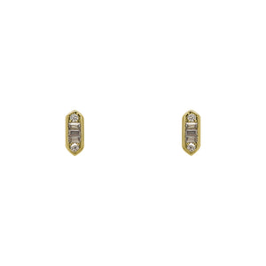 
                  
                    Load image into Gallery viewer, A pair of 14 kt yellow gold vermeil, hexagonal shaped studs with round and baguette cut AAA crystals on a white background.
                  
                