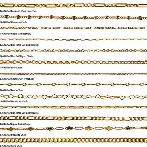 An overview photo of 13 different gold filled chain styles offered for permanent jewelry.