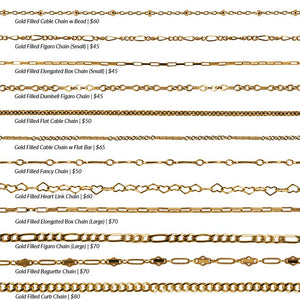 
                  
                    Load image into Gallery viewer, An overview of 12 different styles of gold filled permanent jewelry chains on a white background.
                  
                