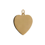 Front facing view of a single heart shaped charm with a jump ring on top made of 14 kt yellow gold.