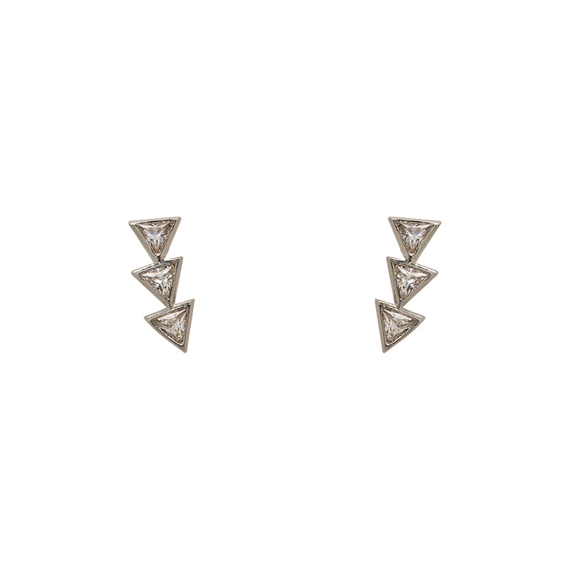 A pair of 925 sterling silver studs each with 3 trillion cut crystals on a white background.