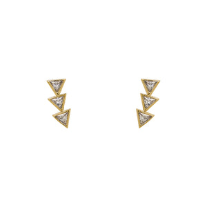 
                  
                    Load image into Gallery viewer, A pair of 14 kt yellow gold vermeil studs each with 3 trillion cut crystals on a white background.
                  
                