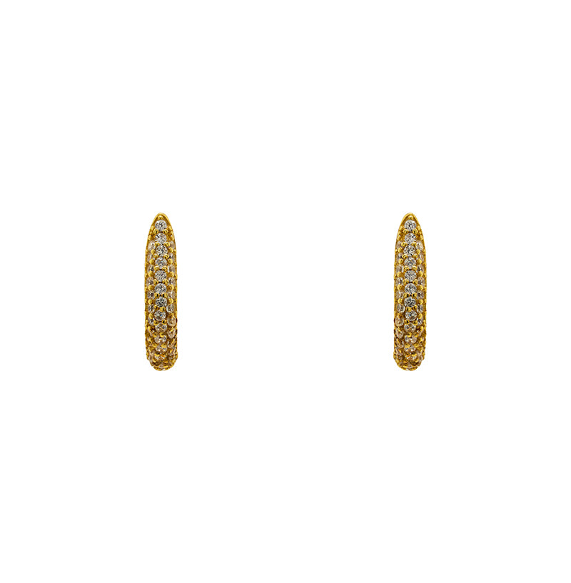Huggie style earrings made of 14kt yellow gold vermeil and completely encrusted with tiny, 1 mm crystals. Displayed forward facing on a white background.
