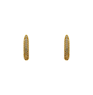 
                  
                    Load image into Gallery viewer, Huggie style earrings made of 14kt yellow gold vermeil and completely encrusted with tiny, 1 mm crystals. Displayed forward facing on a white background.
                  
                