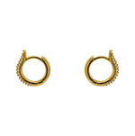 Huggie style earrings made of 14kt yellow gold vermeil and completely encrusted with tiny, 1 mm crystals. Displayed side facing on a white background.