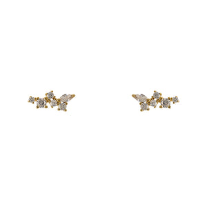
                  
                    Load image into Gallery viewer, Crystal cluster studs with sterling silver settings with a 14 kt yellow gold plating. Each stud has 5 rounds crystals and one marquise cut crystal.
                  
                
