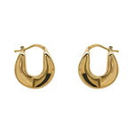 A pair of wide, hollow, 14 kt yellow gold latch back hoops on a white background.