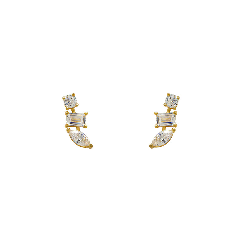 
                  
                    Load image into Gallery viewer, 14Kt Yellow Gold Vermeil statement earrings containing  pear, baguette and round cut crystals. Displayed on a white background.
                  
                
