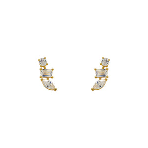 
                  
                    Load image into Gallery viewer, 14Kt Yellow Gold Vermeil statement earrings containing  pear, baguette and round cut crystals. Displayed on a white background.
                  
                