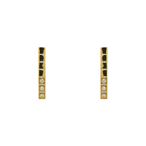 
                  
                    Load image into Gallery viewer, A pair of long, thin rectangular shaped studs made of 14 kt yellow gold vermail with 3 round crystals.
                  
                