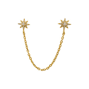 
                  
                    Load image into Gallery viewer, 14 kt yellow gold vermeil dual post starburst studs with a connecting chain on a white background.
                  
                