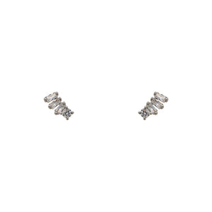 
                  
                    Load image into Gallery viewer, A pair of 925 sterling silver round and triple baguette cut crystal stud earrings on a white background.
                  
                