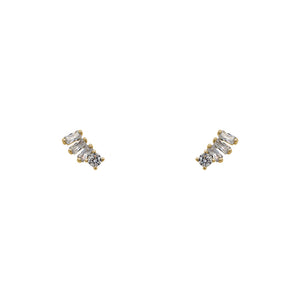 
                  
                    Load image into Gallery viewer, A pair of 14 kt yellow gold vermeil round and triple baguette cut crystal stud earrings on a white background.
                  
                