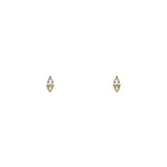 Pair of round and pear cut crystal earrings on a white background. Made of 14 kt yellow gold vermeil.
