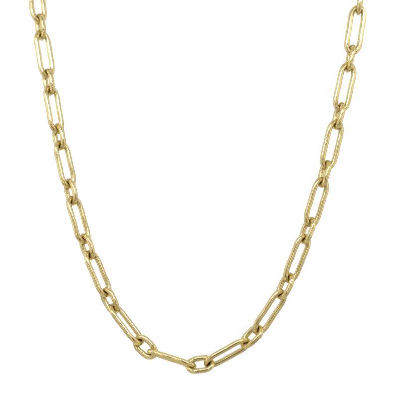 A yellow gold paperclip chain with alternating oval and long paperclip links shown on a white background.