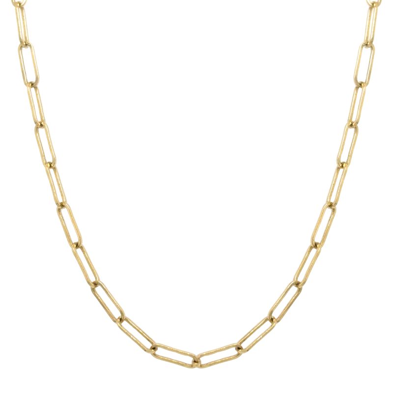 A yellow gold chain with rounded paperclip links shown on a white background.