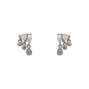 
                  
                    Load image into Gallery viewer, A pair of pear cut crystal studs, each having 3 small bezel set crystals, 2 rounds and 1 pear, dangling below and made of 925 sterling silver.
                  
                
