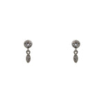 Pair of round bezel set crystals with a small marquis shape charm dangling with 2 crystals set within. Made of 925 sterling silver.