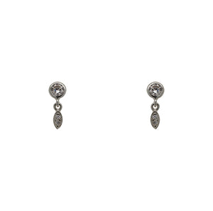 
                  
                    Load image into Gallery viewer, Pair of round bezel set crystals with a small marquis shape charm dangling with 2 crystals set within. Made of 925 sterling silver.
                  
                