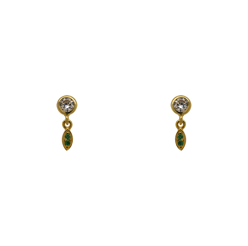 
                  
                    Load image into Gallery viewer, Pair of round bezel set crystals with a small marquis shape charm dangling with 2 green colored crystals set within. Made of 14 kt yellow gold vermeil.
                  
                