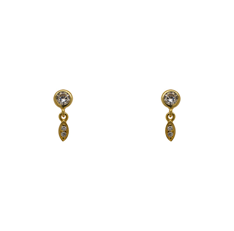 
                  
                    Load image into Gallery viewer, Pair of round bezel set crystals with a small marquis shape charm dangling with 2 crystals set within. Made of 14 kt yellow gold vermeil.
                  
                