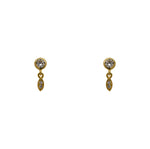 Pair of round bezel set crystals with a small marquis shape charm dangling with 2 crystals set within. Made of 14 kt yellow gold vermeil.