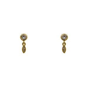 
                  
                    Load image into Gallery viewer, Pair of round bezel set crystals with a small marquis shape charm dangling with 2 crystals set within. Made of 14 kt yellow gold vermeil.
                  
                