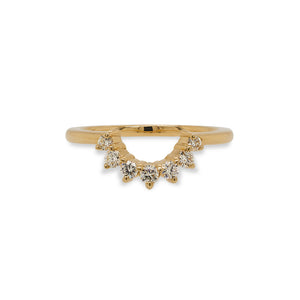 
                  
                    Load image into Gallery viewer, Front view of a diamond shadow band made of solid 14 kt yellow gold with 7 round cut diamonds that follow along the center dip in the band.
                  
                
