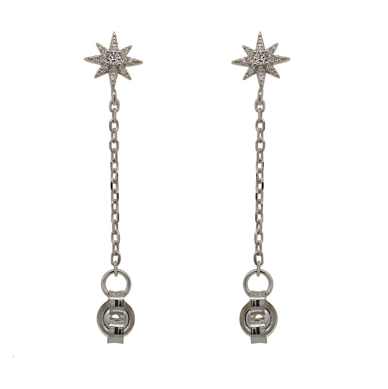 A pair of 925 sterling silver starburst studs with a chain connected to the earring backs on a white background.