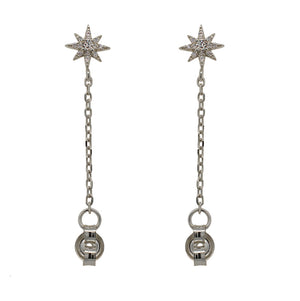 
                  
                    Load image into Gallery viewer, A pair of 925 sterling silver starburst studs with a chain connected to the earring backs on a white background.
                  
                