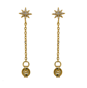 
                  
                    Load image into Gallery viewer, A pair of 14 kt yellow gold vermeil starburst studs with a chain connected to the earring backs on a white background.
                  
                