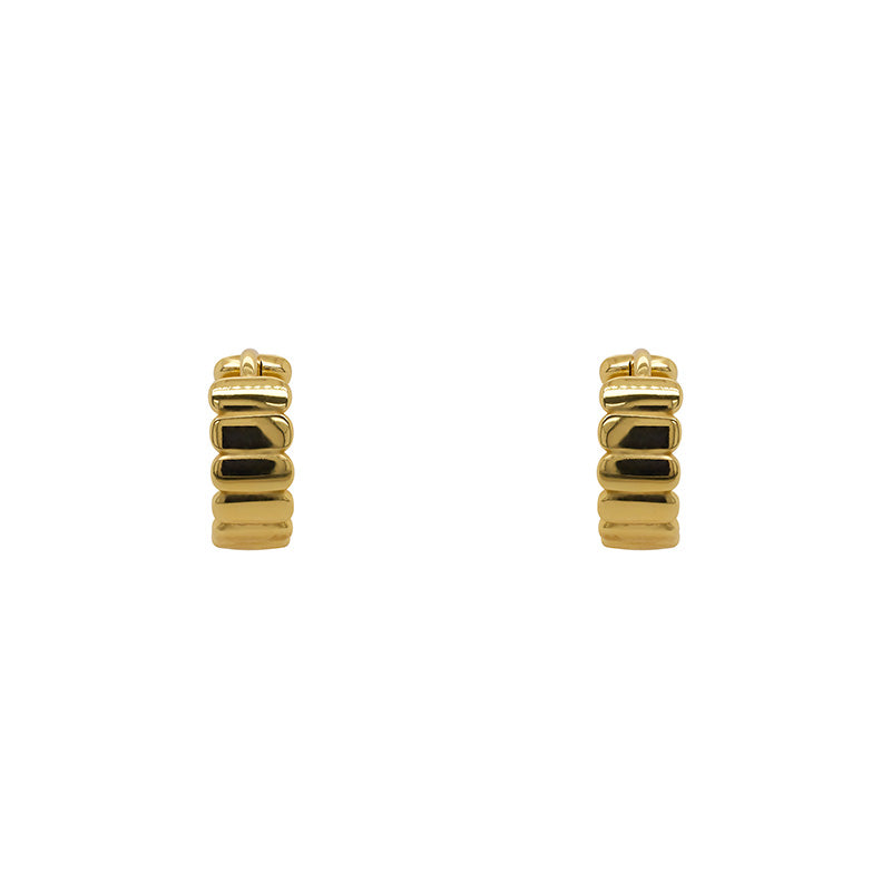 
                  
                    Load image into Gallery viewer, Pair of hinged huggie earrings with a flat organic texture. 4.6mm wide and made of sterling silver with a 14kt yellow gold plating. Displayed forward facing on a white background.
                  
                