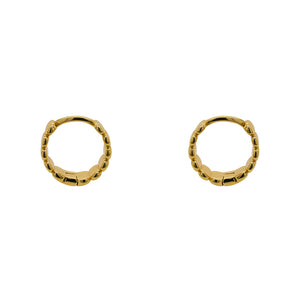 
                  
                    Load image into Gallery viewer, Pair of hinged huggie earrings with a flat organic texture. 4.6mm wide and made of sterling silver with a 14kt yellow gold plating. Displayed side facing on a white background.
                  
                