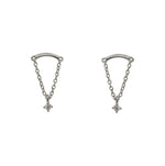 A pair of arch shaped studs with chain and a dangling crystal. Made of 925 sterling silver.