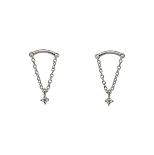 
                  
                    Load image into Gallery viewer, A pair of arch shaped studs with chain and a dangling crystal. Made of 925 sterling silver.
                  
                