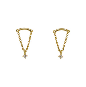
                  
                    Load image into Gallery viewer, A pair of arch shaped studs with chain and a dangling crystal. Made of 14 kt yellow gold vermeil.
                  
                