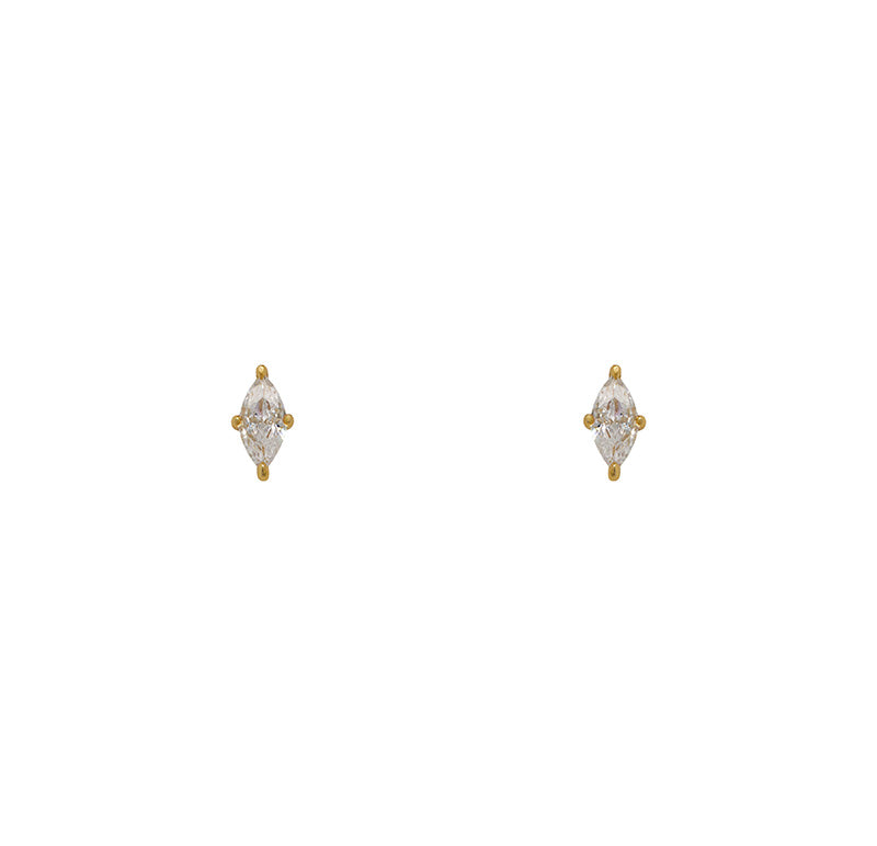 
                  
                    Load image into Gallery viewer, Marquise cut crystal stud earrings in 14 kt yellow gold vermeil settings.
                  
                