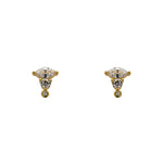 Pair of crystal studs with a marquis-cut, round and 1 bezel set smaller round vertically set in 14k yellow gold vermeil.