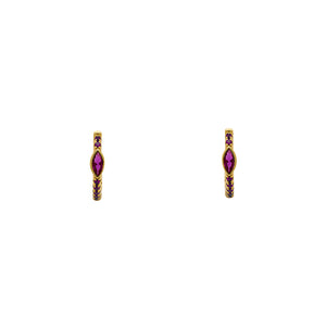 
                  
                    Load image into Gallery viewer, Huggie style earrings made of 14 kt yellow gold vermeil with round and marquise cut pink crystals. Displayed forward facing on a white background.
                  
                